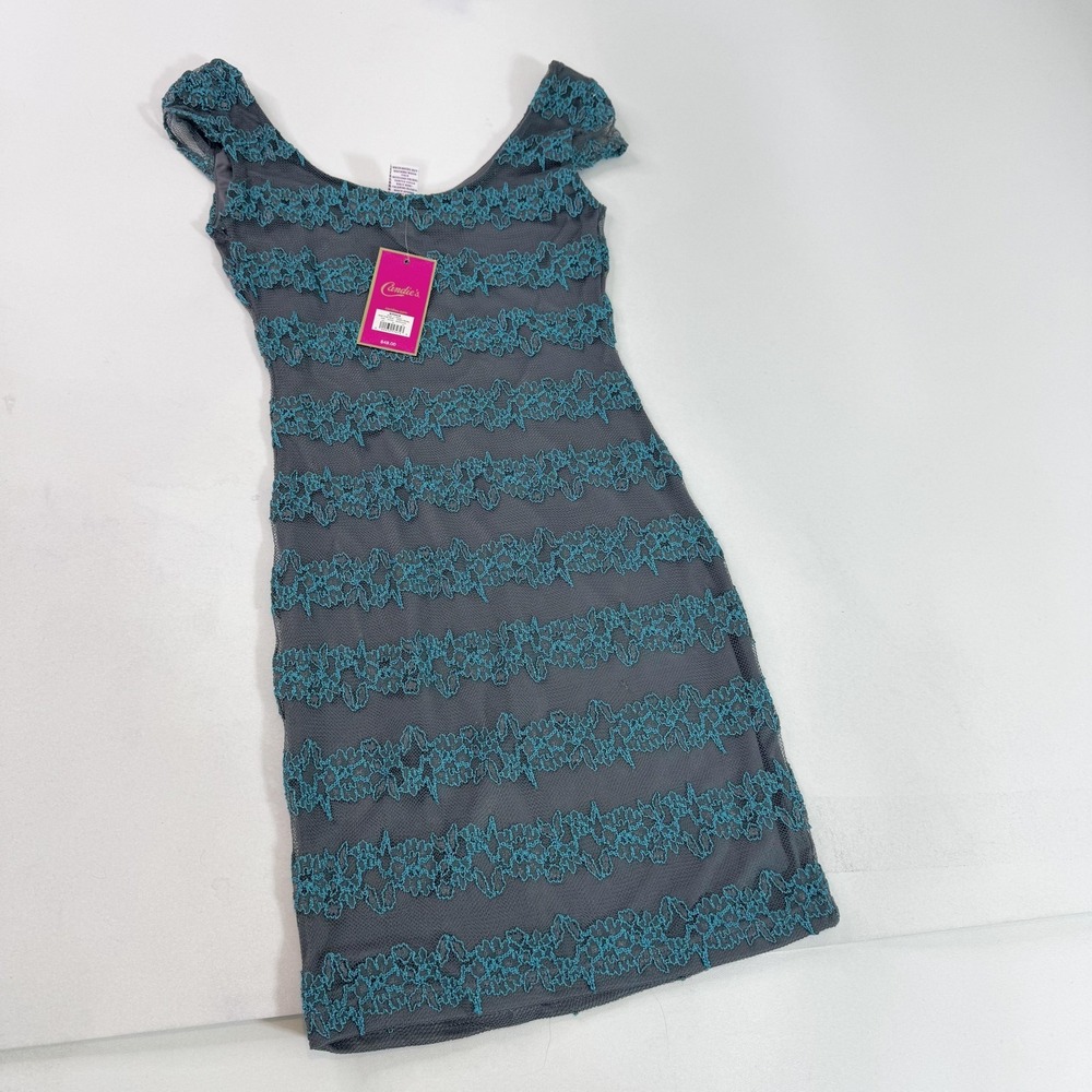 Y2k Candies Mad For Mod Dress Womens XS Gray Teal Lace Smkd Pearl Party Bodycon